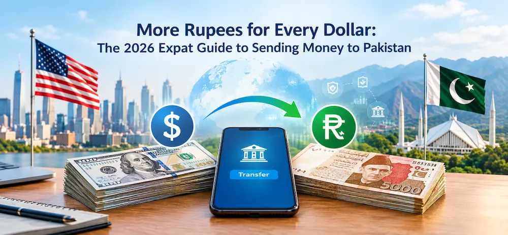 US dollars and Pakistani rupees beside a money transfer smartphone, with US and Pakistan flags, illustrating the 2026 expat guide to sending money to Pakistan