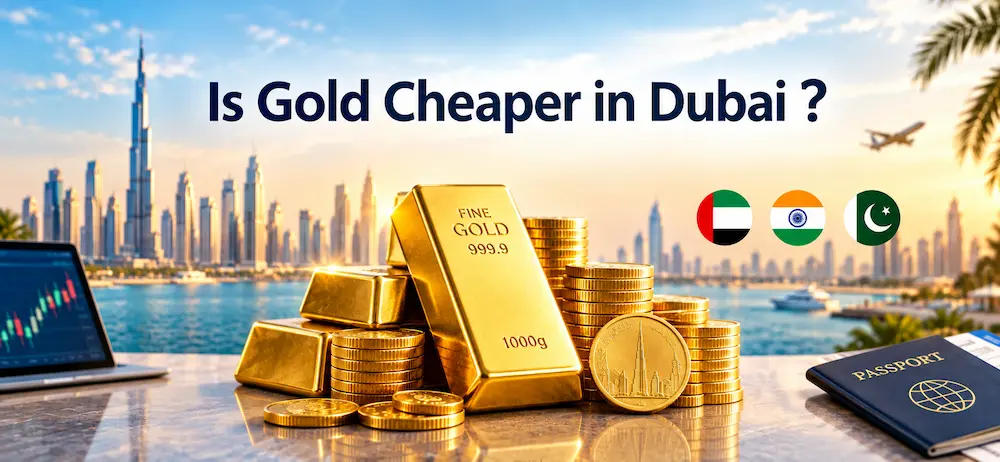 Gold chains in a Dubai Gold Souk window next to price boards in dirhams, rupees and Pakistani rupees