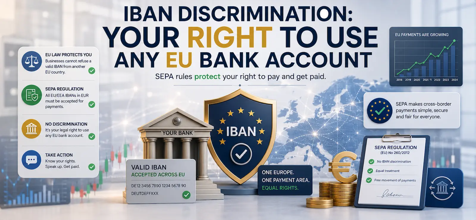 IBAN discrimination infographic showing EU rights to use any bank account under SEPA rules.