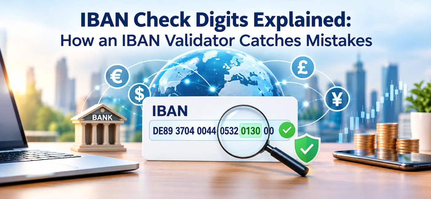 Diagram of an IBAN with its country code, check digits and bank account number labelled, plus the MOD-97 check