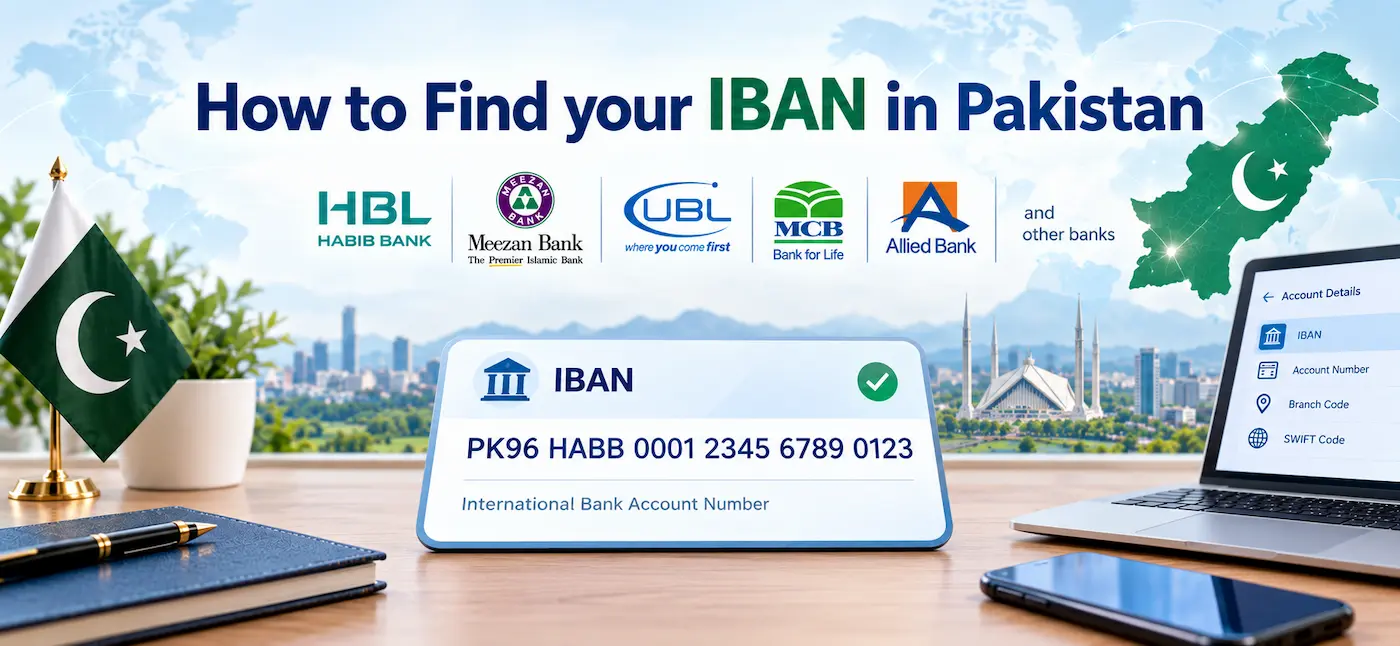 Pakistani IBAN format PK72 HABB with bank codes for HBL, Meezan, UBL and MCB
