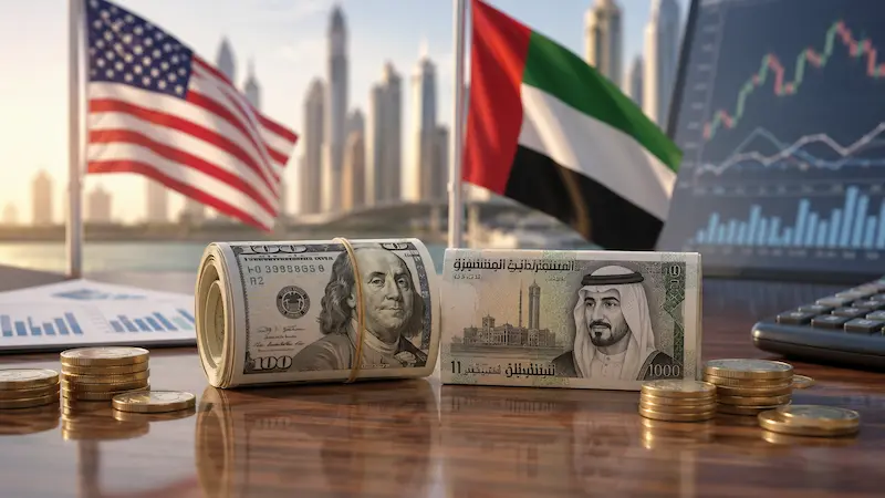 US and UAE flags over the Dubai skyline with a rolled US hundred-dollar bill beside a 1000 UAE dirham note, gold coins and a currency chart