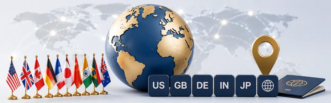 ISO 3166-1 country codes reference — national flags, a globe and alpha-2 code tiles for US, GB, DE, IN and JP beside a passport