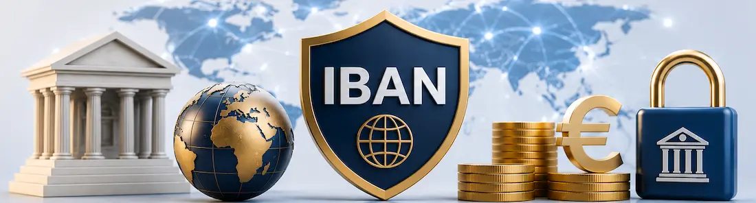 IBAN shield with a globe, bank building, euro coins and padlock, representing secure international bank account validation
